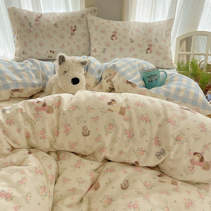 91家纺网 家纺一手货源 找家纺 瑞莱 2025新款开学季全棉纯棉萌趣印花四件套 花田小狗