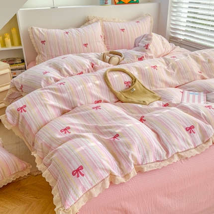 91家纺网 家纺一手货源 找家纺 （总）艾特你 2025新款云感双层纱镂空花边四件套学生宿舍三件套木棉1