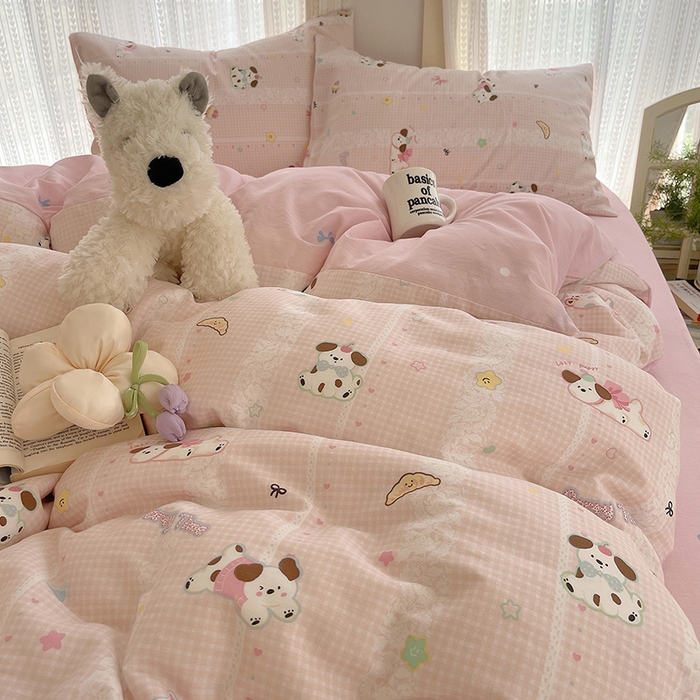 91家纺网 家纺一手货源 找家纺 瑞莱 2025新款开学季全棉纯棉萌趣印花四件套 蕾丝小狗