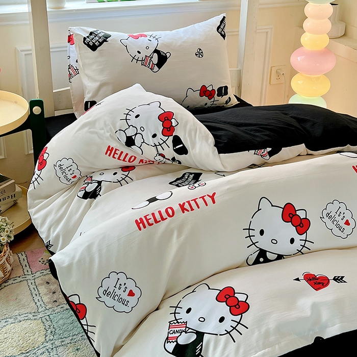 91家纺网 家纺一手货源 找家纺 海岛哥哥 2025新款A类云朵水洗棉三丽鸥正版授权四件套-学生床 三丽鸥-KT与小熊