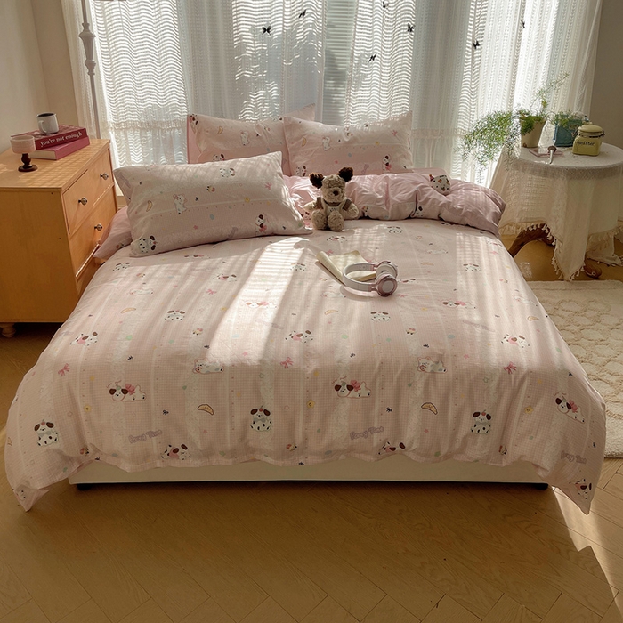 91家纺网 家纺一手货源 找家纺 瑞莱 2025新款开学季全棉纯棉萌趣印花四件套 蕾丝小狗