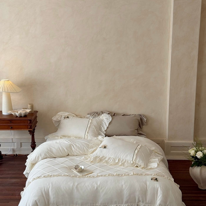 91家纺网 家纺一手货源 找家纺 （总）佳汐蓝家纺 2025新款亲肤舒适打褶荷叶边双层皱皱纱四件套