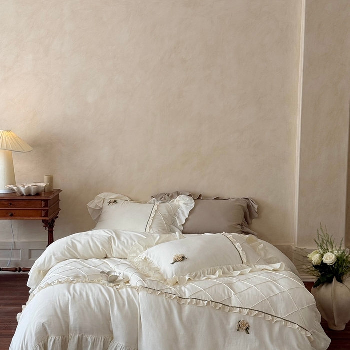 91家纺网 家纺一手货源 找家纺 （总）佳汐蓝家纺 2025新款亲肤舒适打褶荷叶边双层皱皱纱四件套