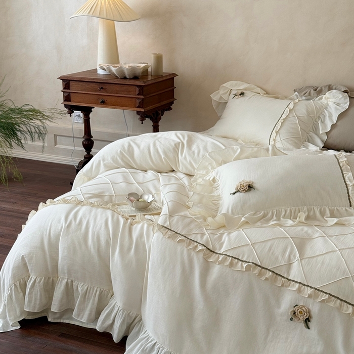 91家纺网 家纺一手货源 找家纺 （总）佳汐蓝家纺 2025新款亲肤舒适打褶荷叶边双层皱皱纱四件套