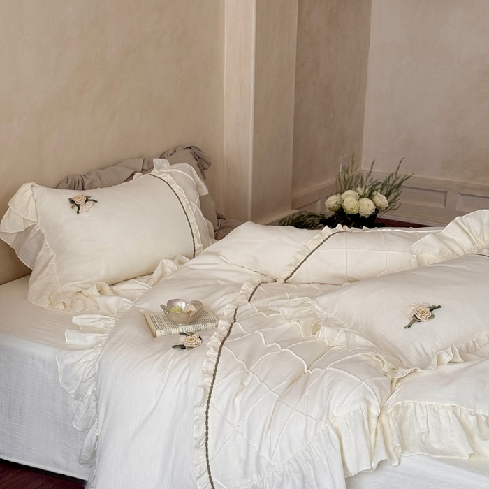 91家纺网 家纺一手货源 找家纺 （总）佳汐蓝家纺 2025新款亲肤舒适打褶荷叶边双层皱皱纱四件套