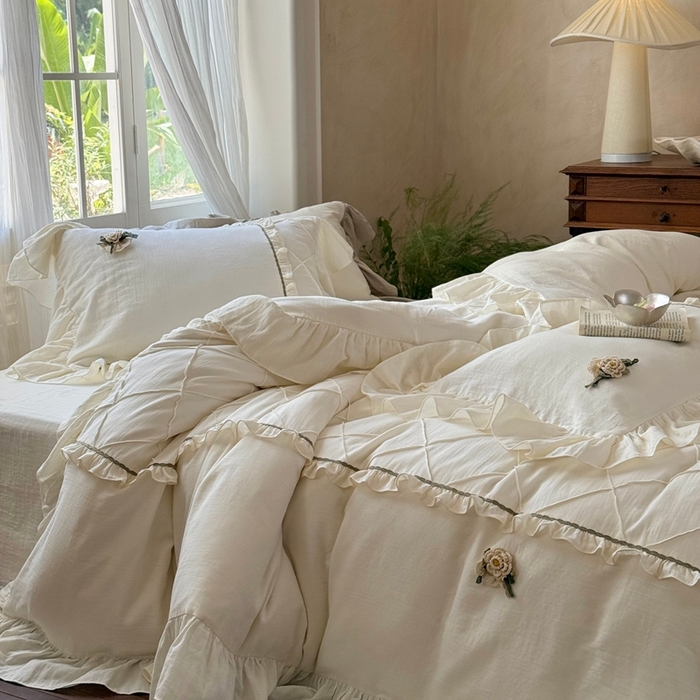 91家纺网 家纺一手货源 找家纺 （总）佳汐蓝家纺 2025新款亲肤舒适打褶荷叶边双层皱皱纱四件套