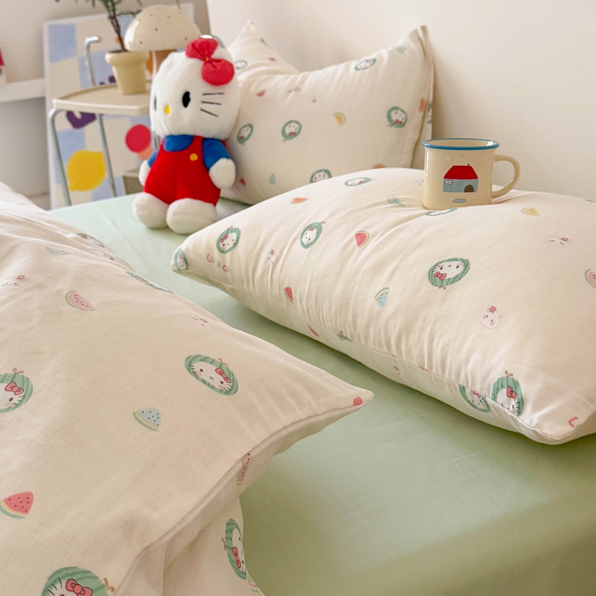 91家纺网 家纺一手货源 找家纺 麦伦家居 2025新款A类全棉纯棉有氧双层纱人字纹提花四件套 西瓜猫