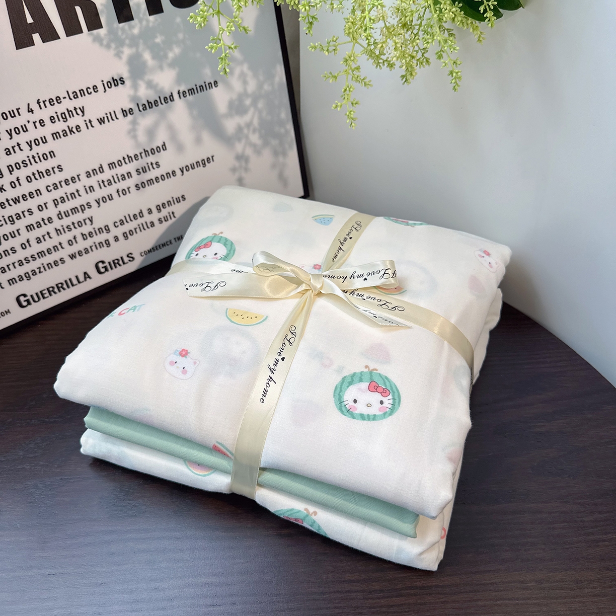 91家纺网 家纺一手货源 找家纺 麦伦家居 2025新款A类全棉纯棉有氧双层纱人字纹提花四件套 西瓜猫