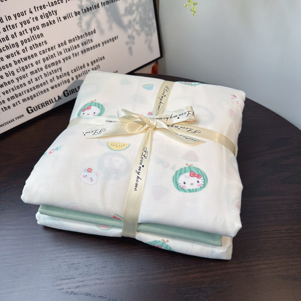 91家纺网 家纺一手货源 找家纺 麦伦家居 2025新款A类全棉纯棉有氧双层纱人字纹提花四件套 西瓜猫