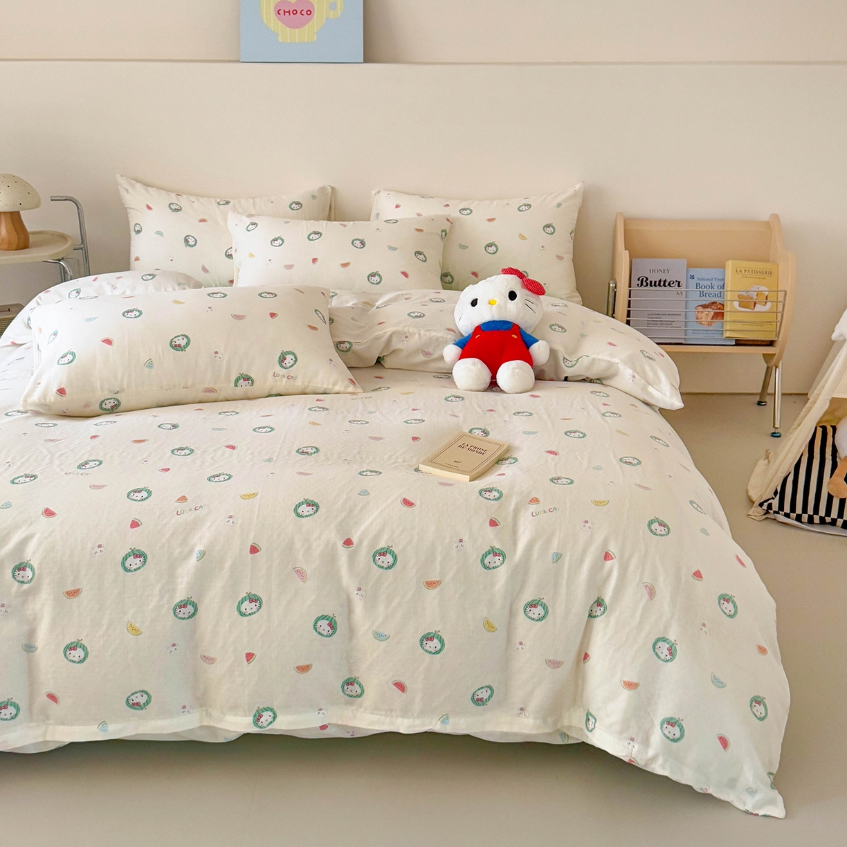 91家纺网 家纺一手货源 找家纺 麦伦家居 2025新款A类全棉纯棉有氧双层纱人字纹提花四件套 西瓜猫