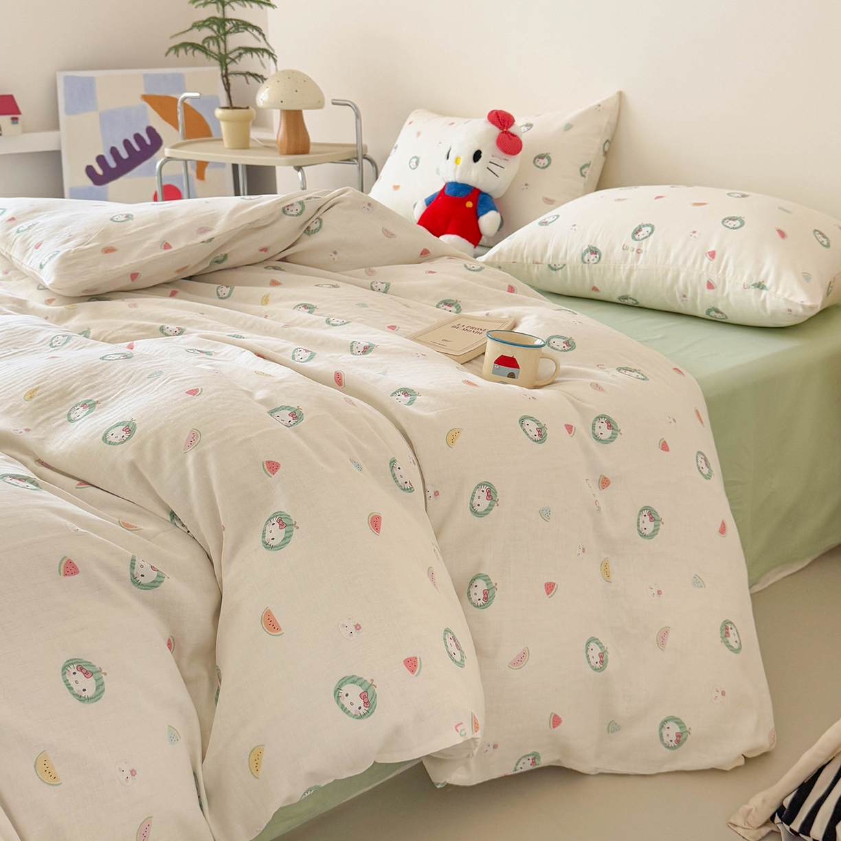 91家纺网 家纺一手货源 找家纺 麦伦家居 2025新款A类全棉纯棉有氧双层纱人字纹提花四件套 西瓜猫