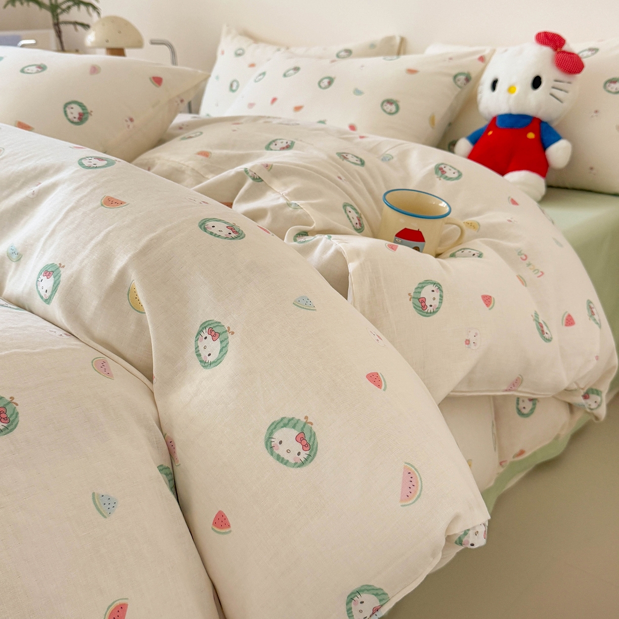 麦伦家居 2025新款A类全棉纯棉有氧双层纱人字纹提花四件套 西瓜猫