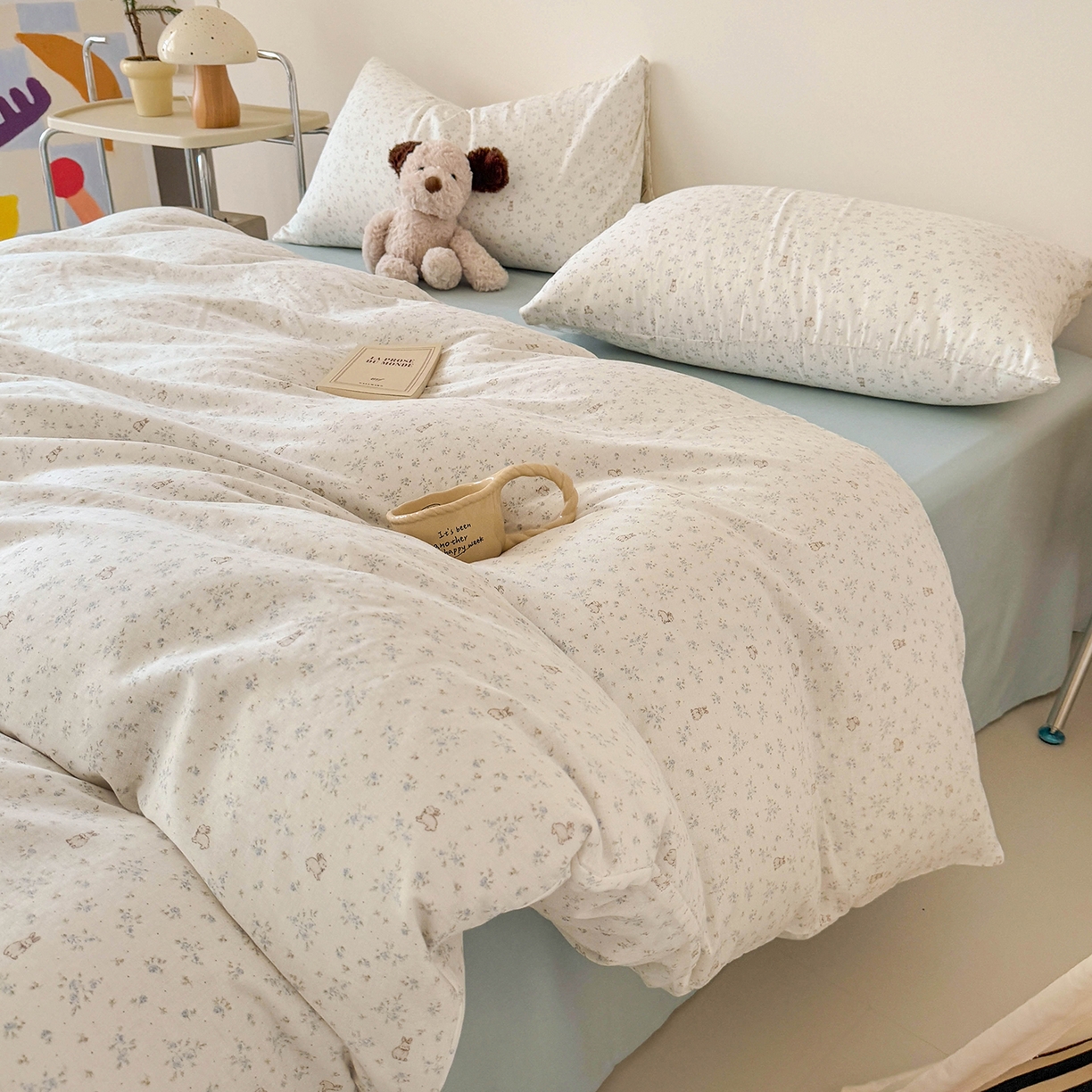 91家纺网 家纺一手货源 找家纺 麦伦家居 2025新款A类全棉纯棉有氧双层纱人字纹提花四件套 兰花兔