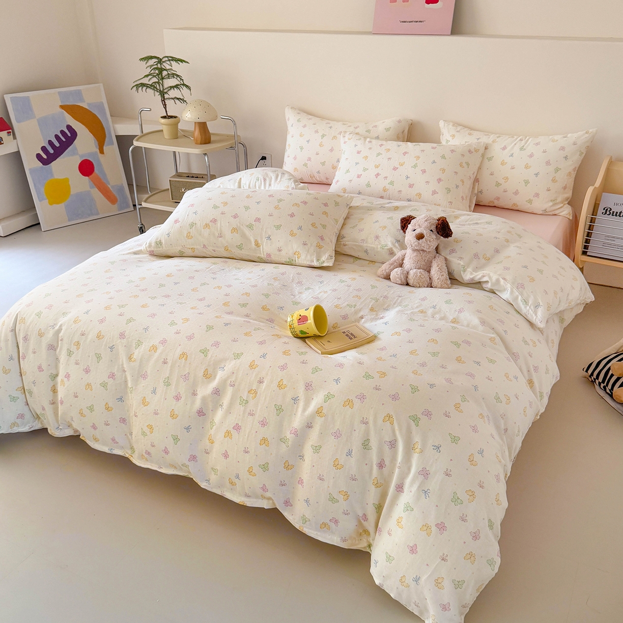 91家纺网 家纺一手货源 找家纺 麦伦家居 2025新款A类全棉纯棉有氧双层纱人字纹提花四件套 彩蝶