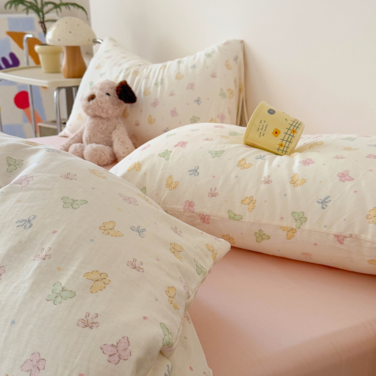 91家纺网 家纺一手货源 找家纺 麦伦家居 2025新款A类全棉纯棉有氧双层纱人字纹提花四件套 彩蝶