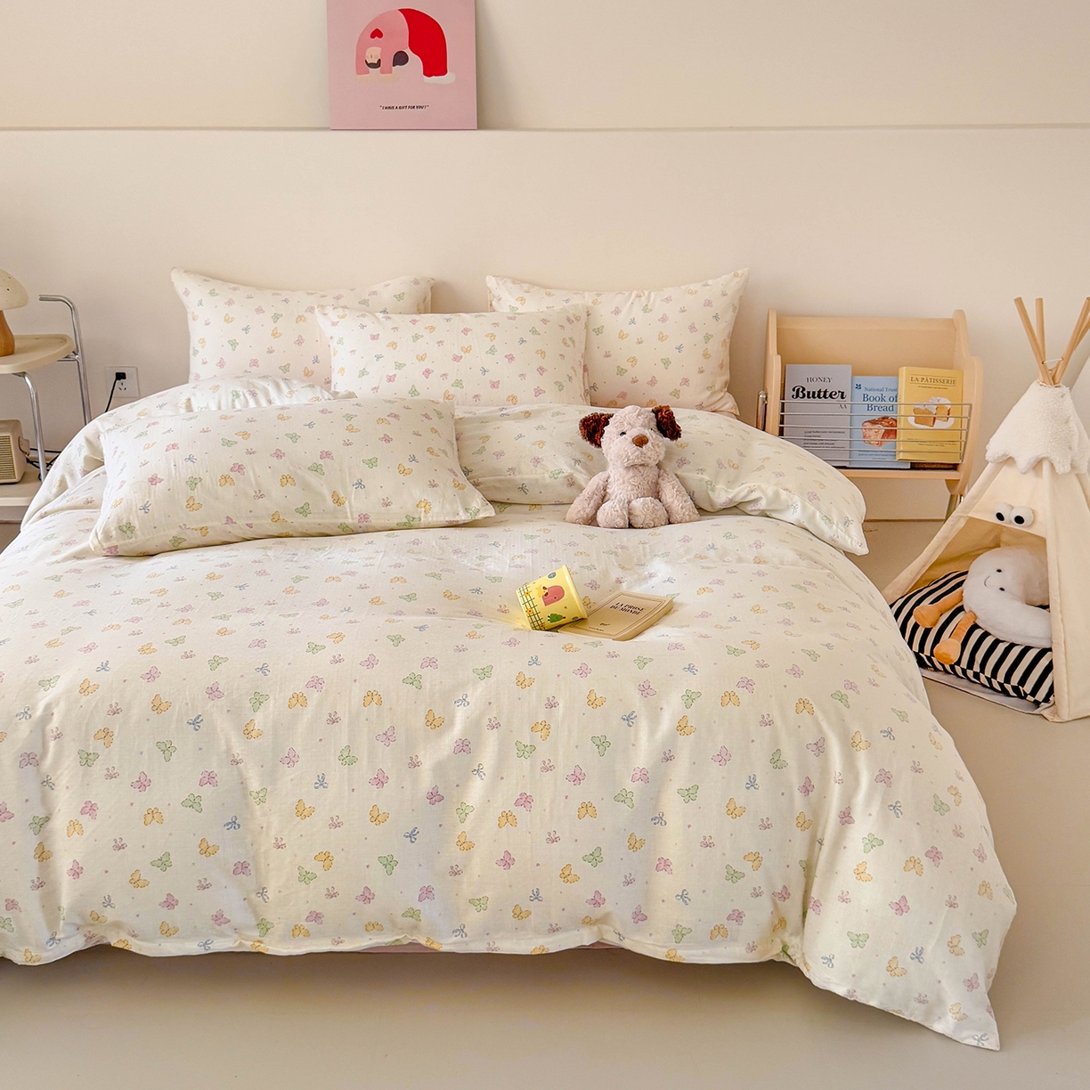 91家纺网 家纺一手货源 找家纺 麦伦家居 2025新款A类全棉纯棉有氧双层纱人字纹提花四件套 彩蝶