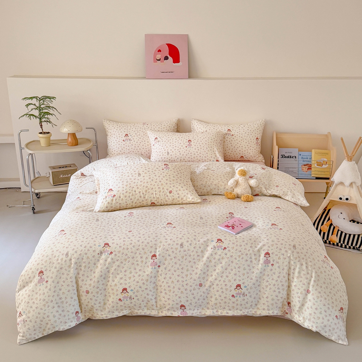 91家纺网 家纺一手货源 找家纺 麦伦家居 2025新款A类全棉纯棉有氧双层纱人字纹提花四件套 小红帽