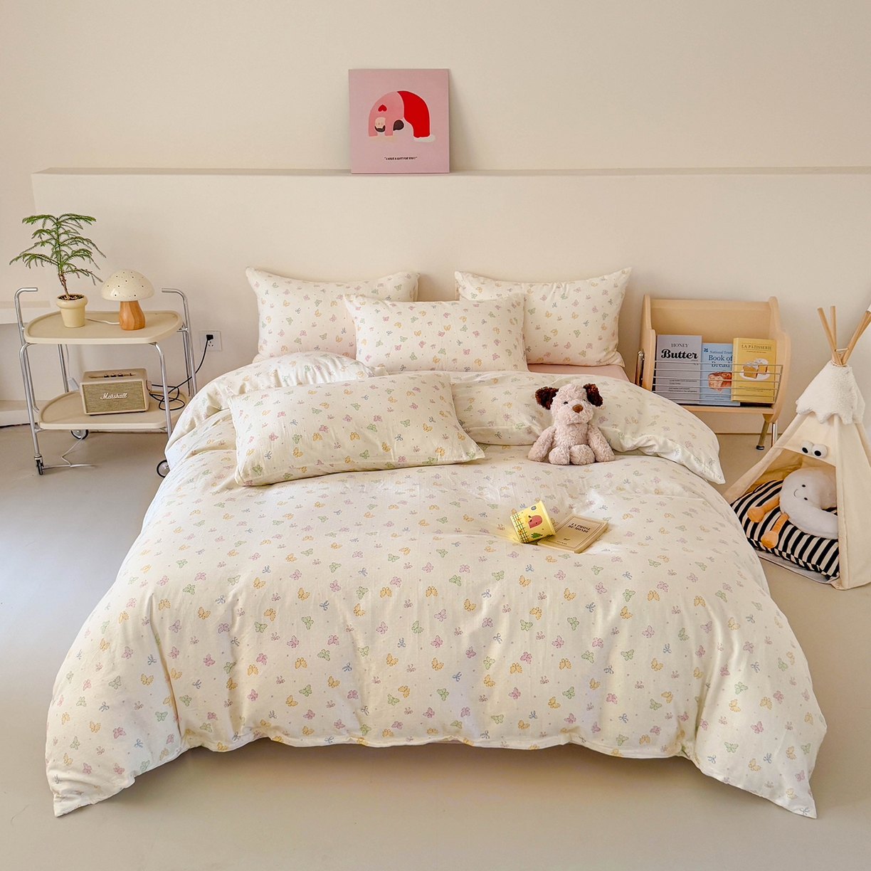 91家纺网 家纺一手货源 找家纺 麦伦家居 2025新款A类全棉纯棉有氧双层纱人字纹提花四件套 彩蝶