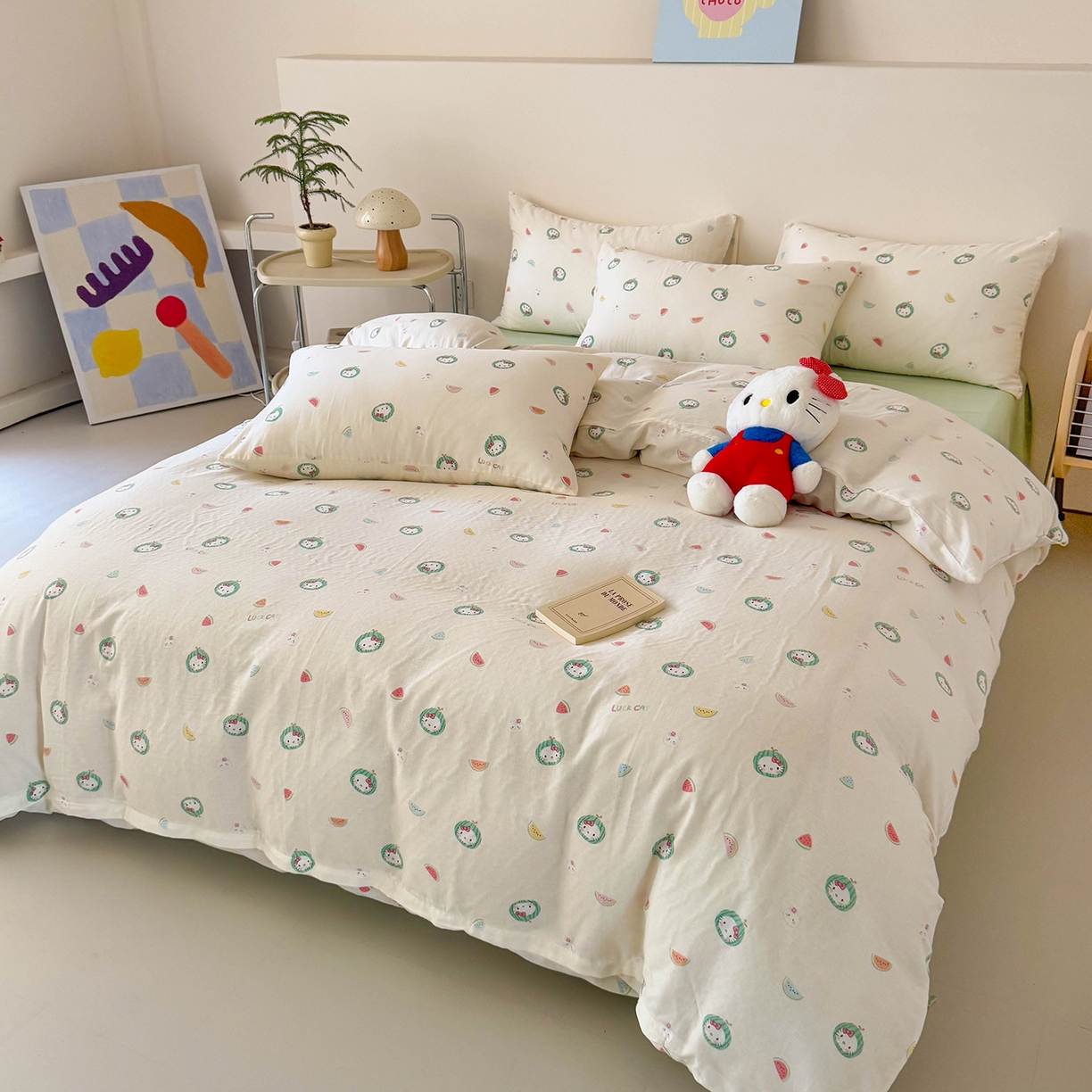 91家纺网 家纺一手货源 找家纺 麦伦家居 2025新款A类全棉纯棉有氧双层纱人字纹提花四件套 西瓜猫