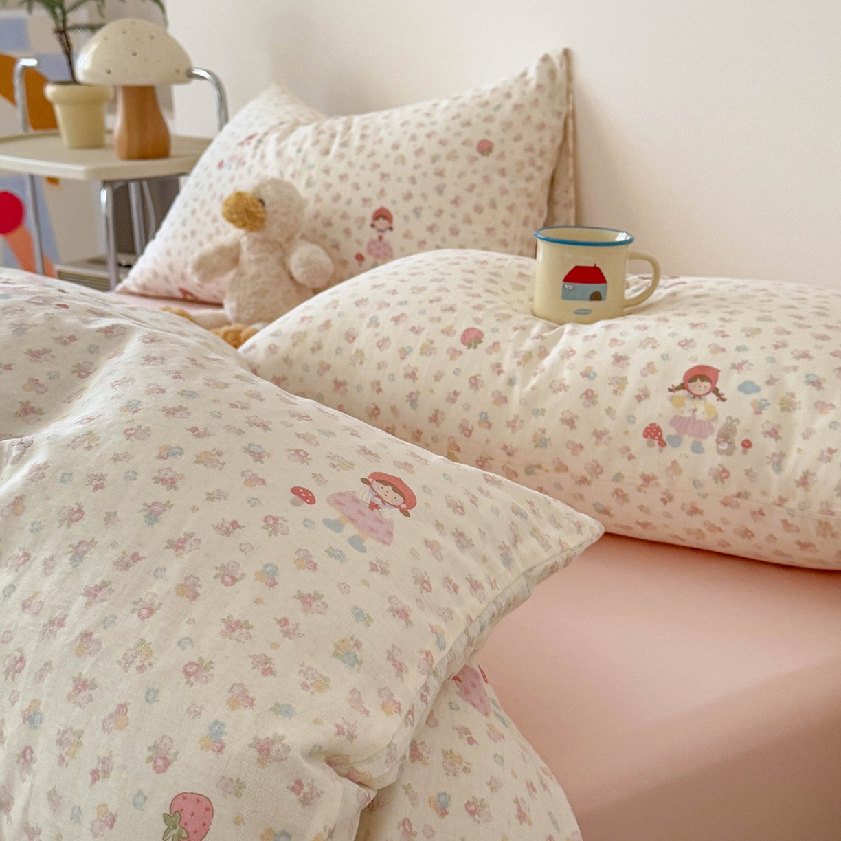 91家纺网 家纺一手货源 找家纺 麦伦家居 2025新款A类全棉纯棉有氧双层纱人字纹提花四件套 小红帽