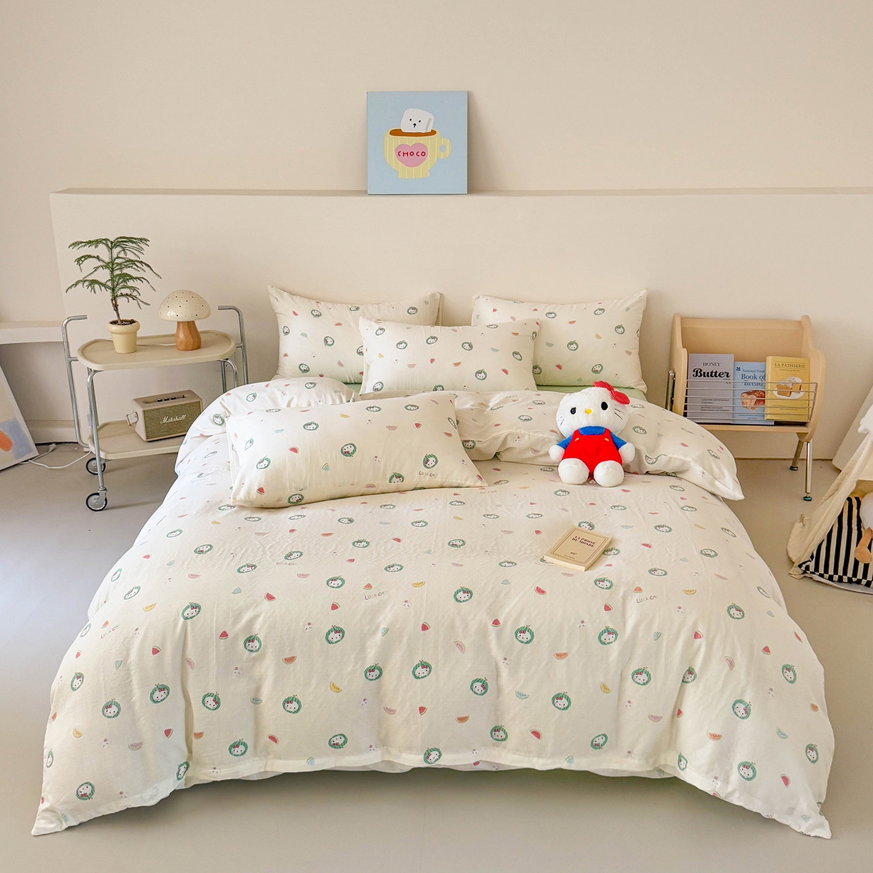 91家纺网 家纺一手货源 找家纺 麦伦家居 2025新款A类全棉纯棉有氧双层纱人字纹提花四件套 西瓜猫