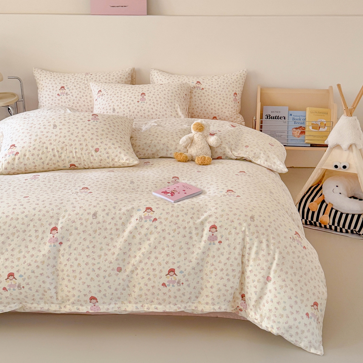 91家纺网 家纺一手货源 找家纺 麦伦家居 2025新款A类全棉纯棉有氧双层纱人字纹提花四件套 小红帽