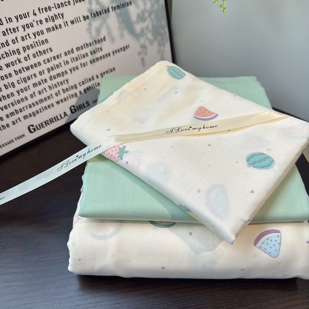 91家纺网 家纺一手货源 找家纺 麦伦家居 2025新款A类全棉纯棉有氧双层纱人字纹提花四件套 水果派