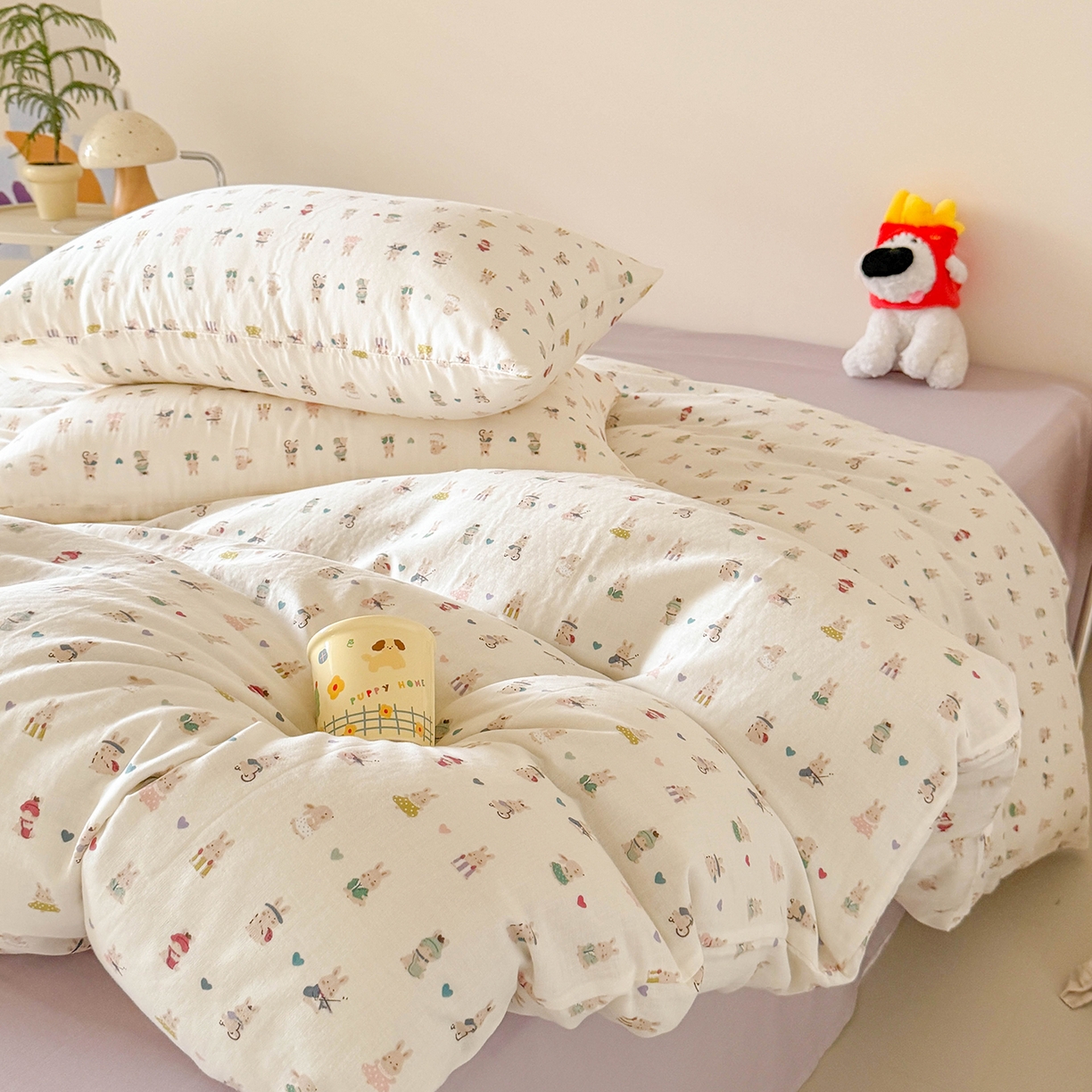 91家纺网 家纺一手货源 找家纺 麦伦家居 2025新款A类全棉纯棉有氧双层纱人字纹提花四件套 巴巴兔