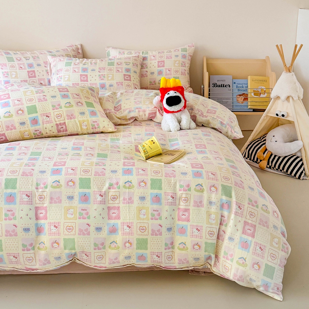 91家纺网 家纺一手货源 找家纺 麦伦家居 2025新款A类全棉纯棉有氧双层纱人字纹提花四件套 方格猫咪