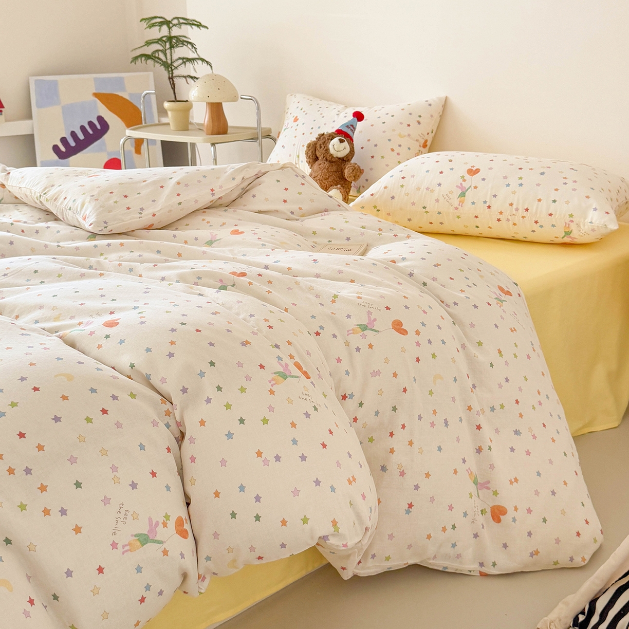 91家纺网 家纺一手货源 找家纺 麦伦家居 2025新款A类全棉纯棉有氧双层纱人字纹提花四件套 小星星