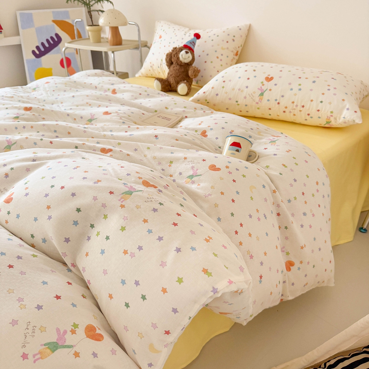 91家纺网 家纺一手货源 找家纺 麦伦家居 2025新款A类全棉纯棉有氧双层纱人字纹提花四件套 小星星