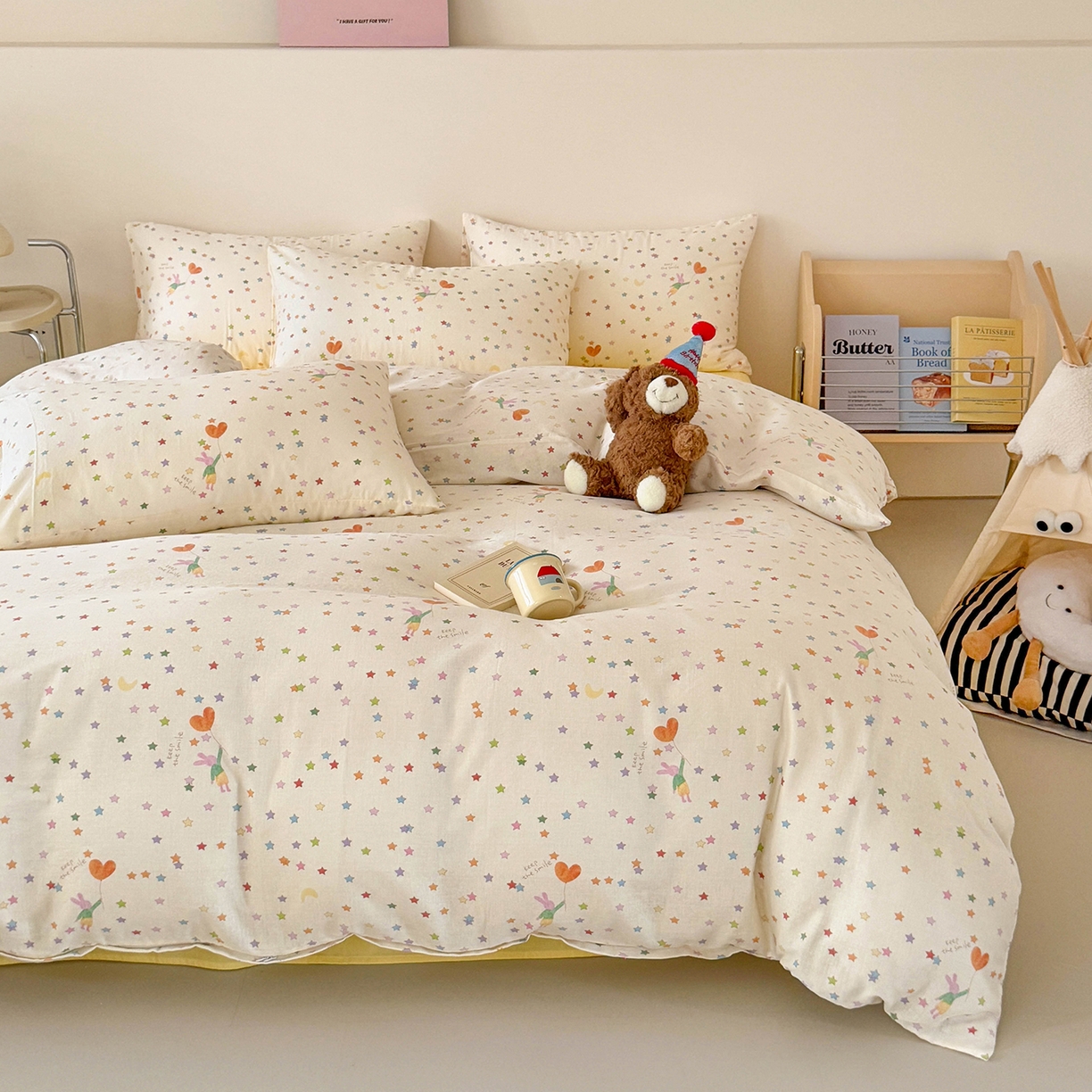 91家纺网 家纺一手货源 找家纺 麦伦家居 2025新款A类全棉纯棉有氧双层纱人字纹提花四件套 小星星