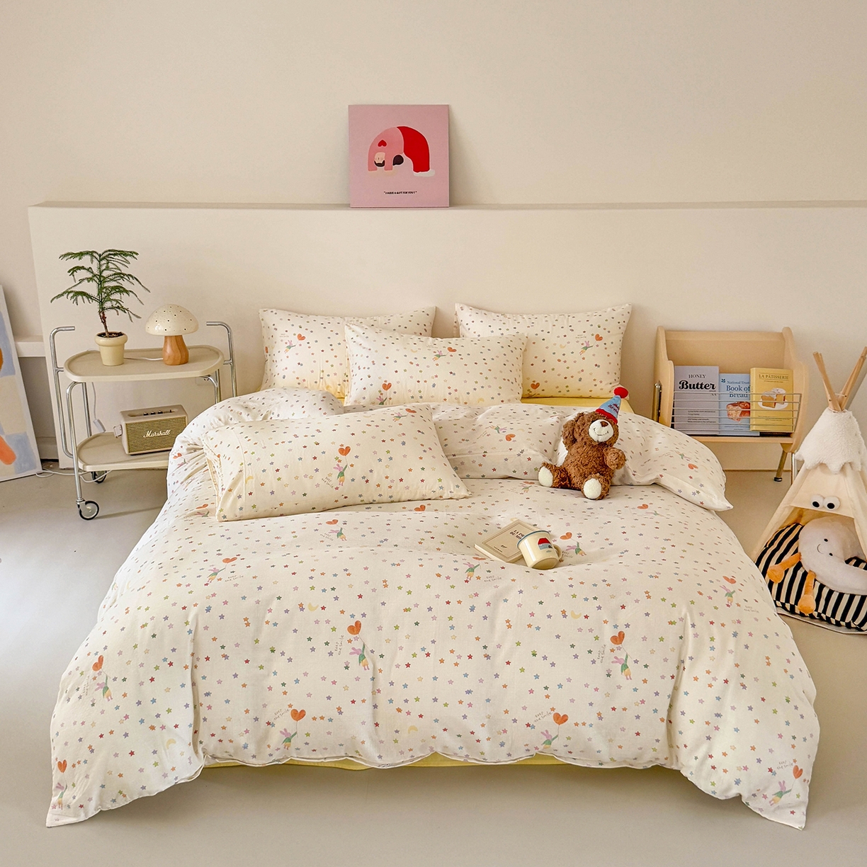 91家纺网 家纺一手货源 找家纺 麦伦家居 2025新款A类全棉纯棉有氧双层纱人字纹提花四件套 小星星