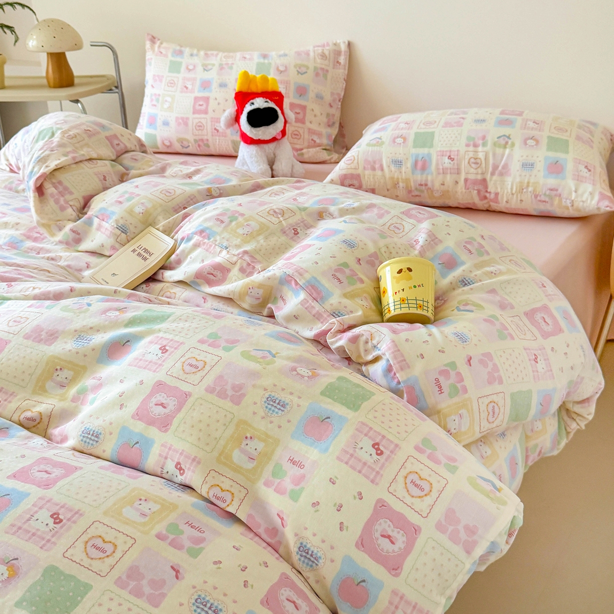 91家纺网 家纺一手货源 找家纺 麦伦家居 2025新款A类全棉纯棉有氧双层纱人字纹提花四件套 方格猫咪