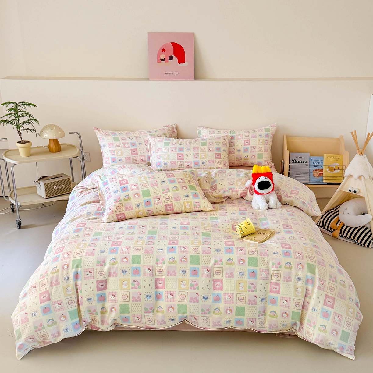 91家纺网 家纺一手货源 找家纺 麦伦家居 2025新款A类全棉纯棉有氧双层纱人字纹提花四件套 方格猫咪