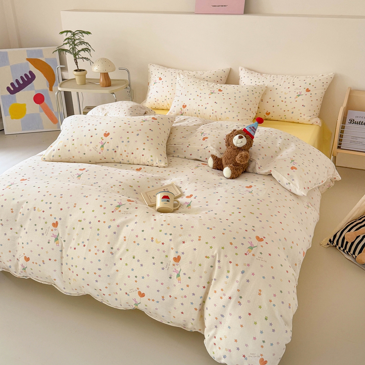 91家纺网 家纺一手货源 找家纺 麦伦家居 2025新款A类全棉纯棉有氧双层纱人字纹提花四件套 小星星