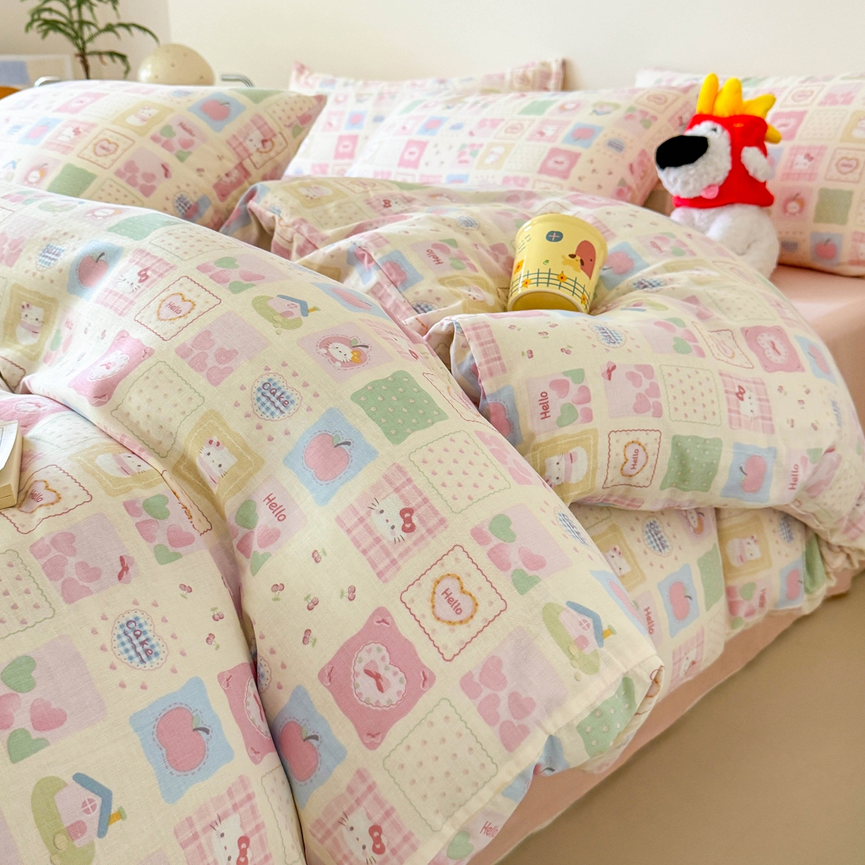 麦伦家居 2025新款A类全棉纯棉有氧双层纱人字纹提花四件套 方格猫咪