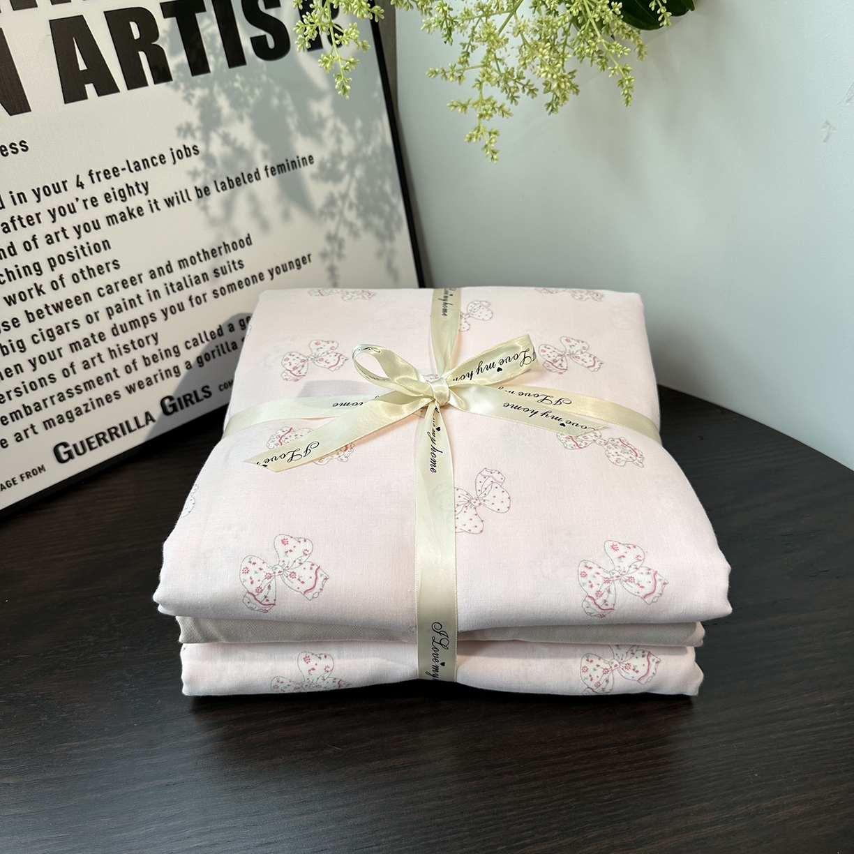 麦伦家居 2025新款A类全棉纯棉有氧双层纱人字纹提花四件套 莓莓芝士粉