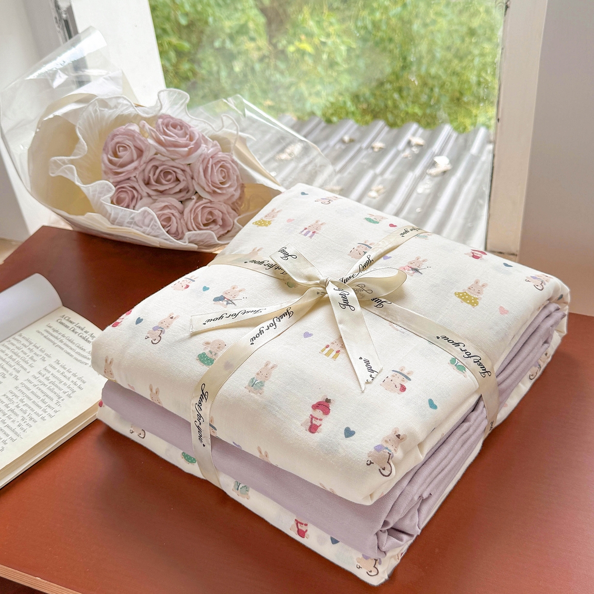 91家纺网 家纺一手货源 找家纺 麦伦家居 2025新款A类全棉纯棉有氧双层纱人字纹提花四件套 巴巴兔