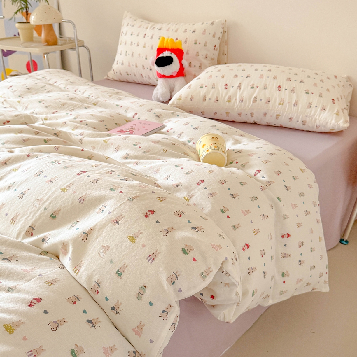 91家纺网 家纺一手货源 找家纺 麦伦家居 2025新款A类全棉纯棉有氧双层纱人字纹提花四件套 巴巴兔