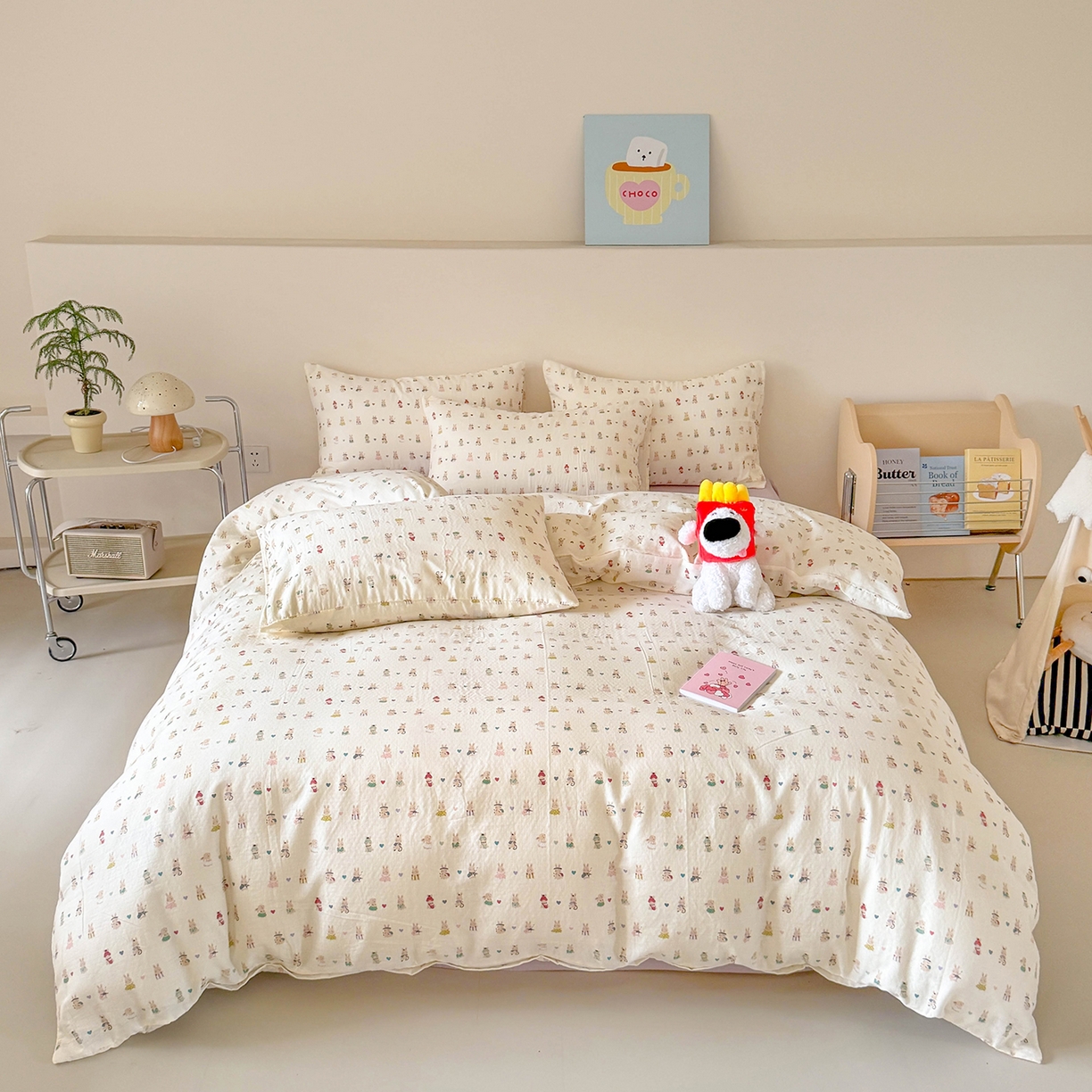 91家纺网 家纺一手货源 找家纺 麦伦家居 2025新款A类全棉纯棉有氧双层纱人字纹提花四件套 巴巴兔