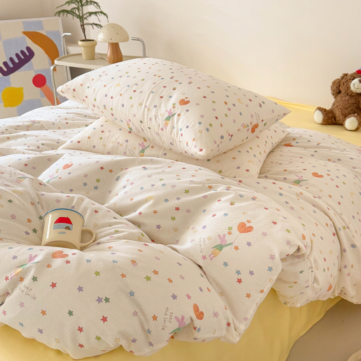 91家纺网 家纺一手货源 找家纺 麦伦家居 2025新款A类全棉纯棉有氧双层纱人字纹提花四件套 小星星