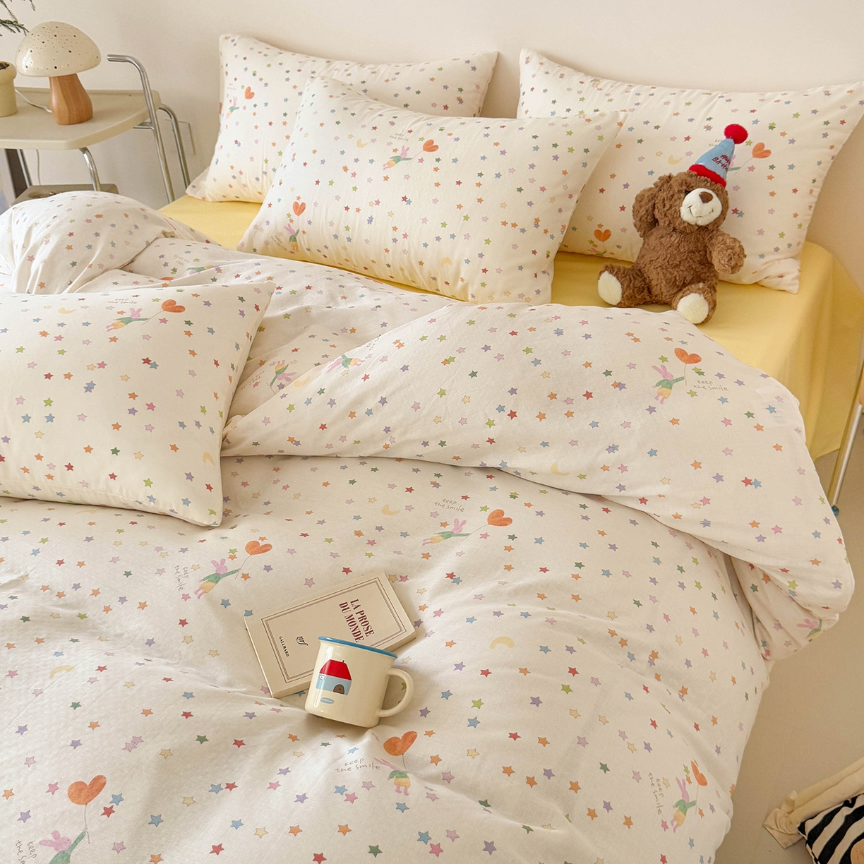 91家纺网 家纺一手货源 找家纺 麦伦家居 2025新款A类全棉纯棉有氧双层纱人字纹提花四件套 小星星