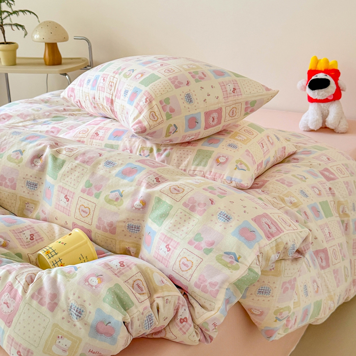 91家纺网 家纺一手货源 找家纺 麦伦家居 2025新款A类全棉纯棉有氧双层纱人字纹提花四件套 方格猫咪