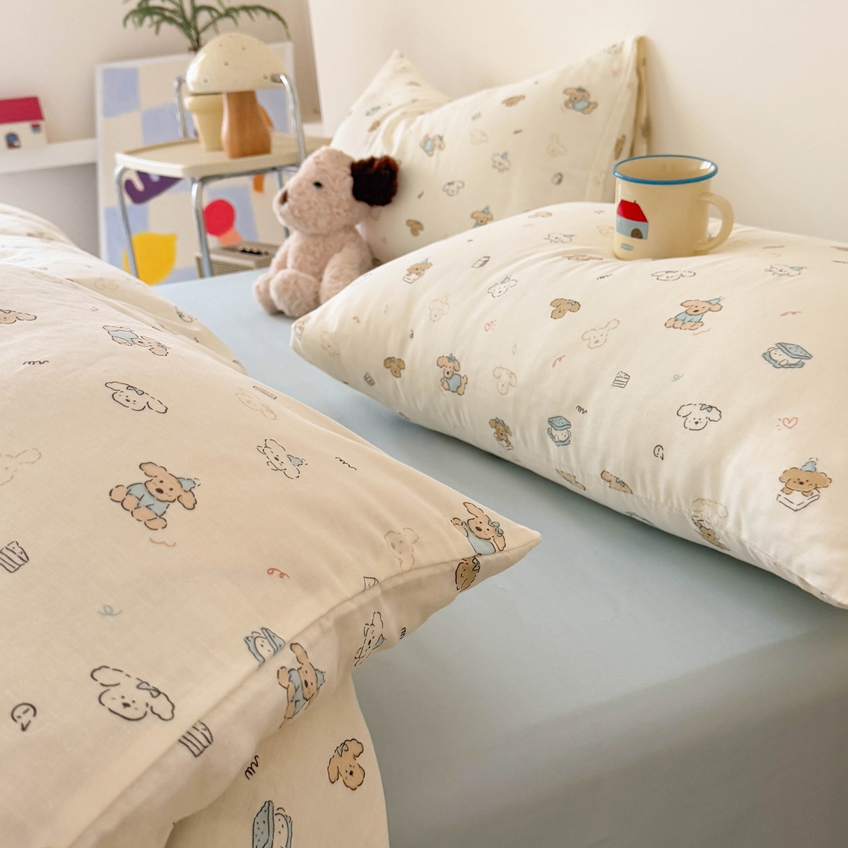 91家纺网 家纺一手货源 找家纺 麦伦家居 2025新款A类全棉纯棉有氧双层纱人字纹提花四件套 卷毛狗