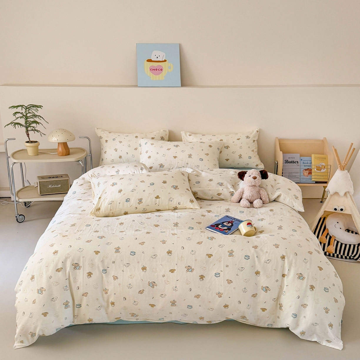 91家纺网 家纺一手货源 找家纺 麦伦家居 2025新款A类全棉纯棉有氧双层纱人字纹提花四件套 卷毛狗