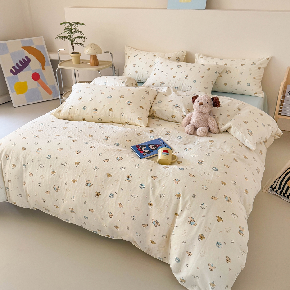 91家纺网 家纺一手货源 找家纺 麦伦家居 2025新款A类全棉纯棉有氧双层纱人字纹提花四件套 卷毛狗