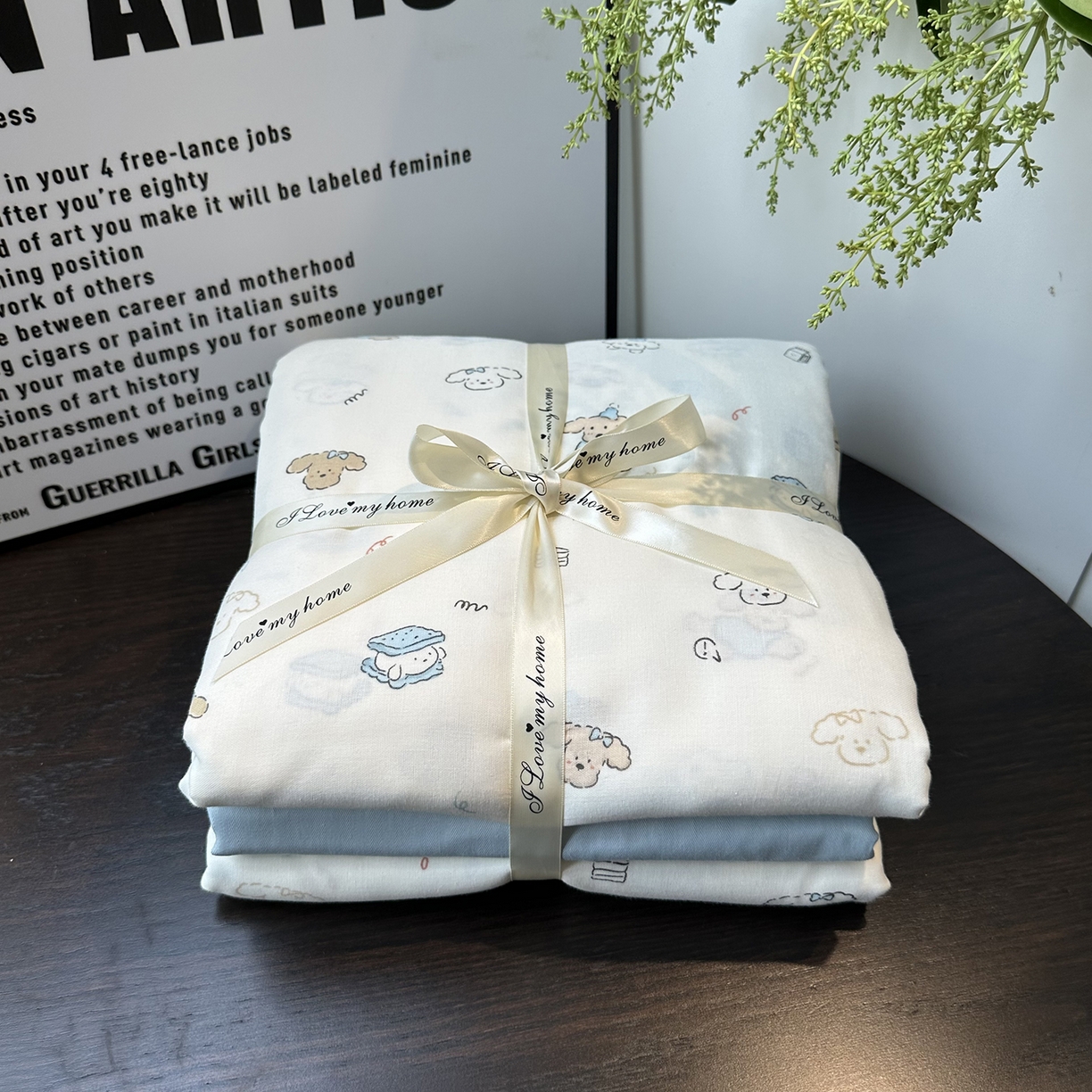 91家纺网 家纺一手货源 找家纺 麦伦家居 2025新款A类全棉纯棉有氧双层纱人字纹提花四件套 卷毛狗