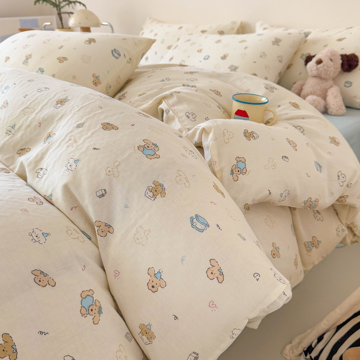 麦伦家居 2025新款A类全棉纯棉有氧双层纱人字纹提花四件套 卷毛狗