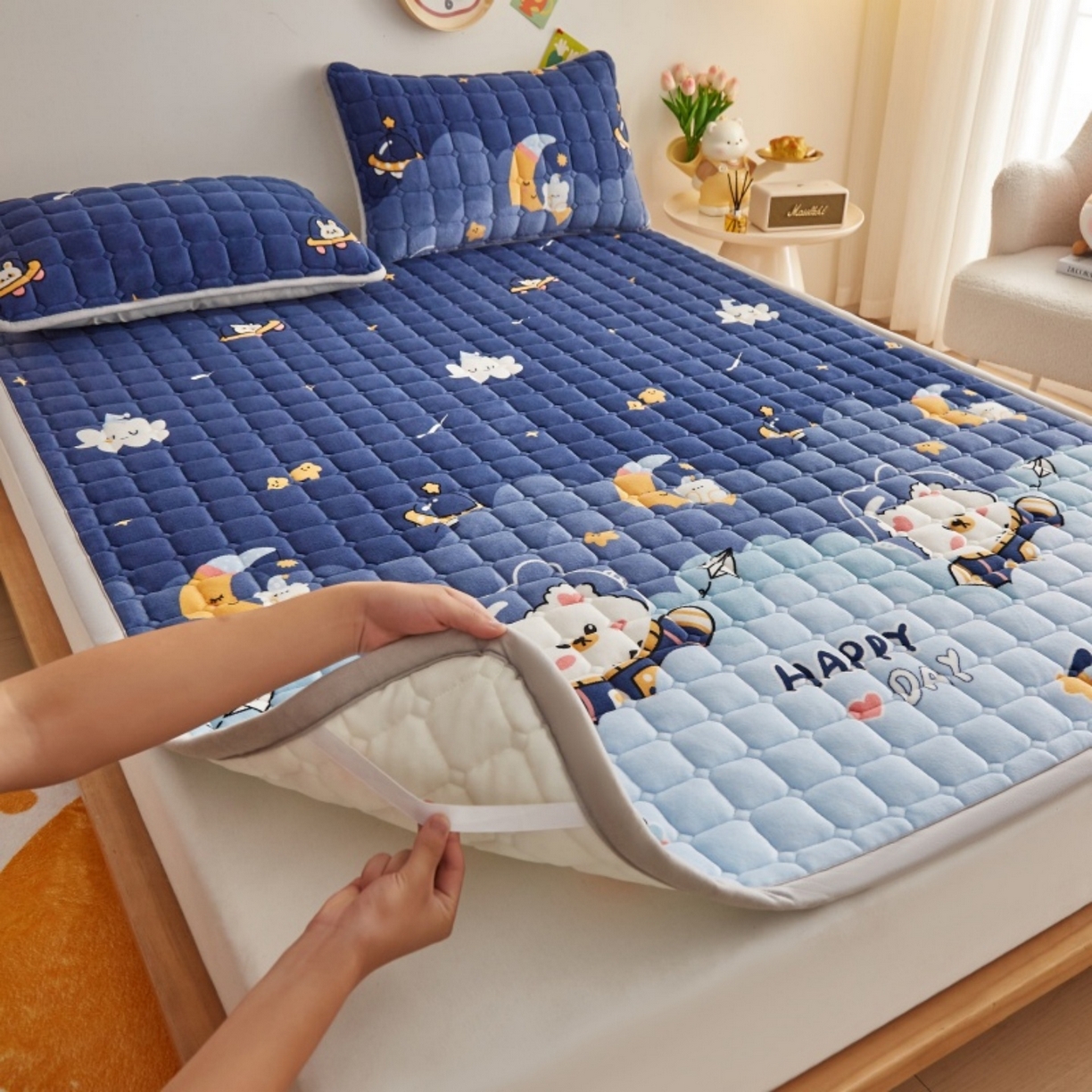 奇丝雅 2025新款A类牛奶绒夹棉印花床褥床垫家用软垫床护垫-大床款 月亮熊